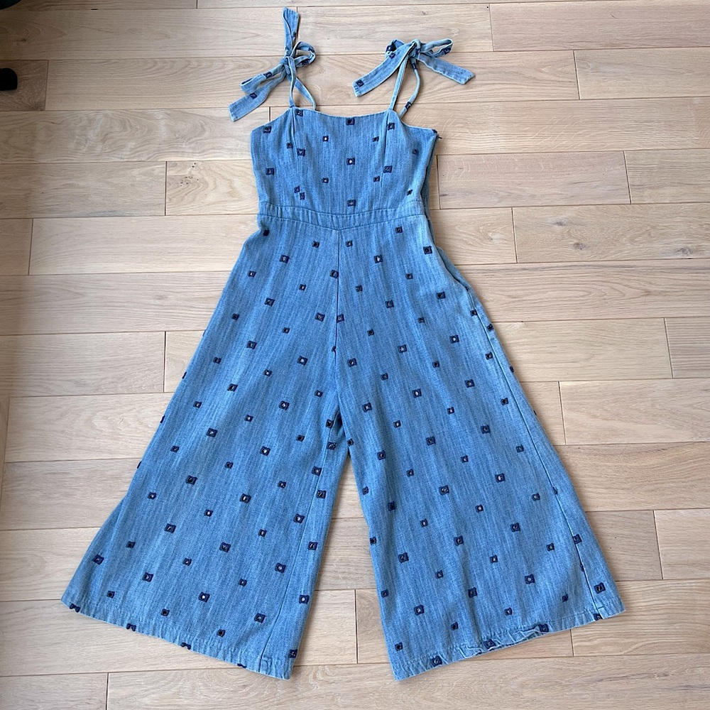 Hunter Bell Alex Square Denim Tie Strap Eyelet Jumpsuit 10 Casual Summer Coastal